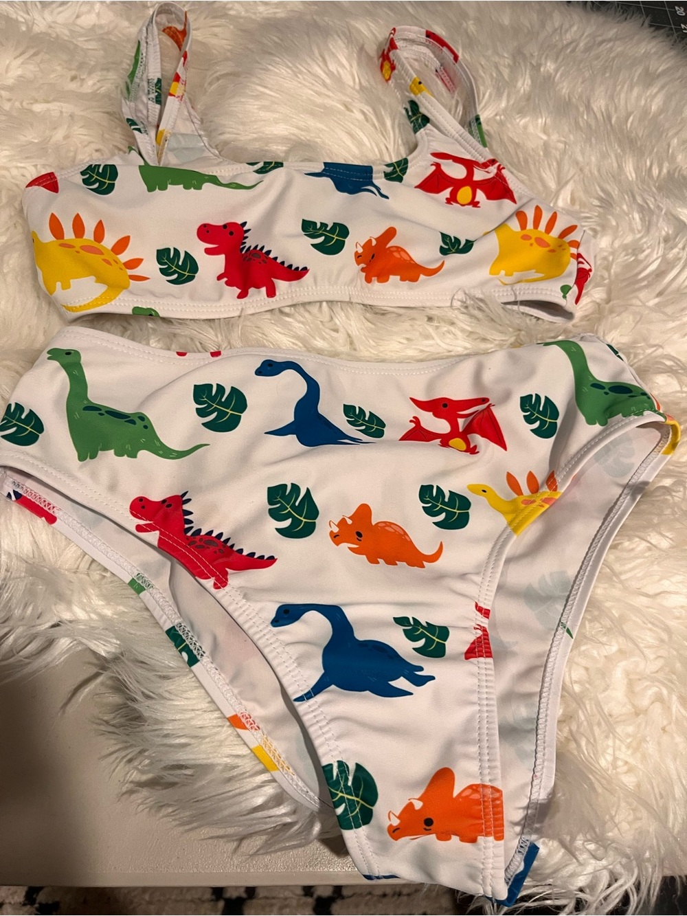 SHEIN White Bikini with Multicolor Dinosaur Print